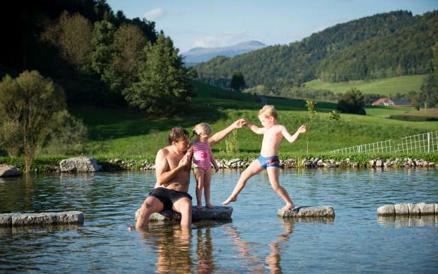 Vater spielt mit seinen Kindern im Naturbadeteich im Familienhotel Schreinerhof