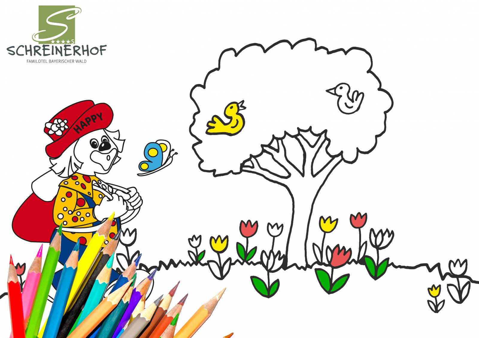 Ausmalbild - Happy beim Wandern! Symbolfoto