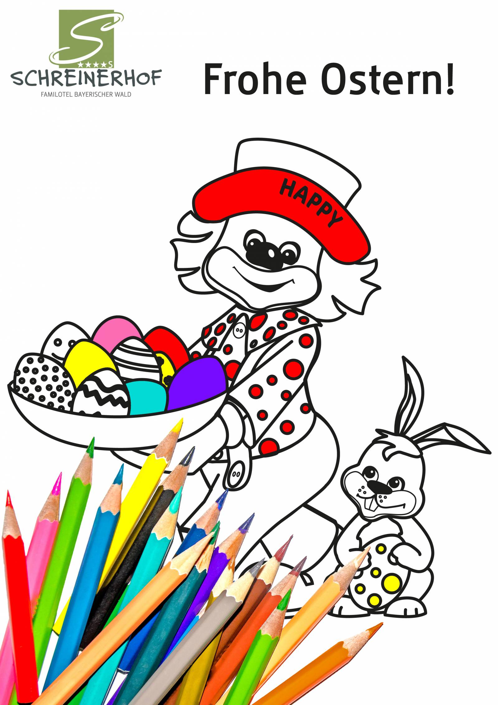 Ausmalbild - Happy beim Ostereier bemalen! Symbolfoto