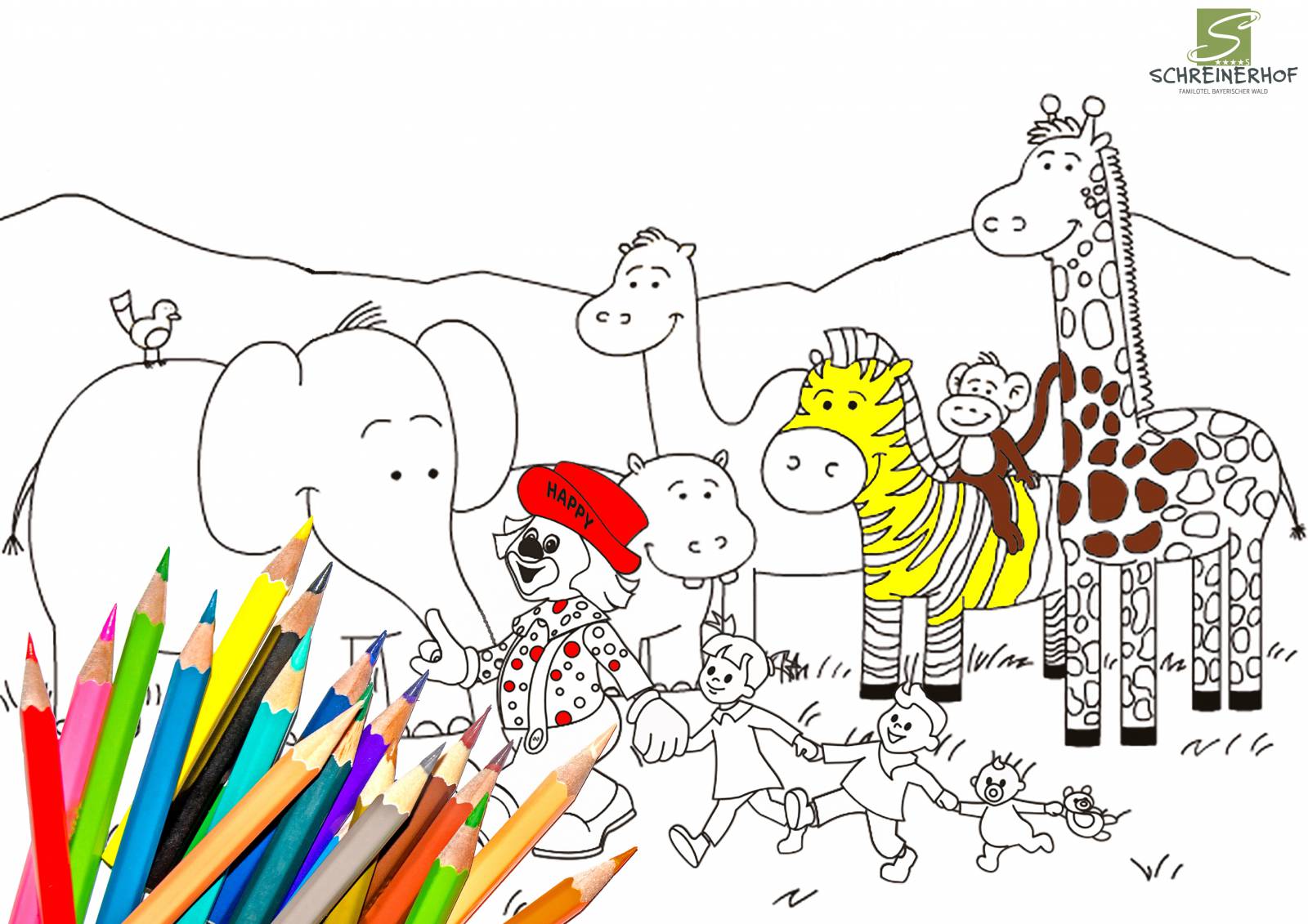 Ausmalbild - Happy zu Besuch im Zoo! Symbolfoto
