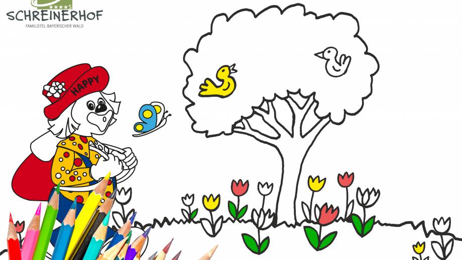 Ausmalbild - Happy beim Wandern! Symbolfoto