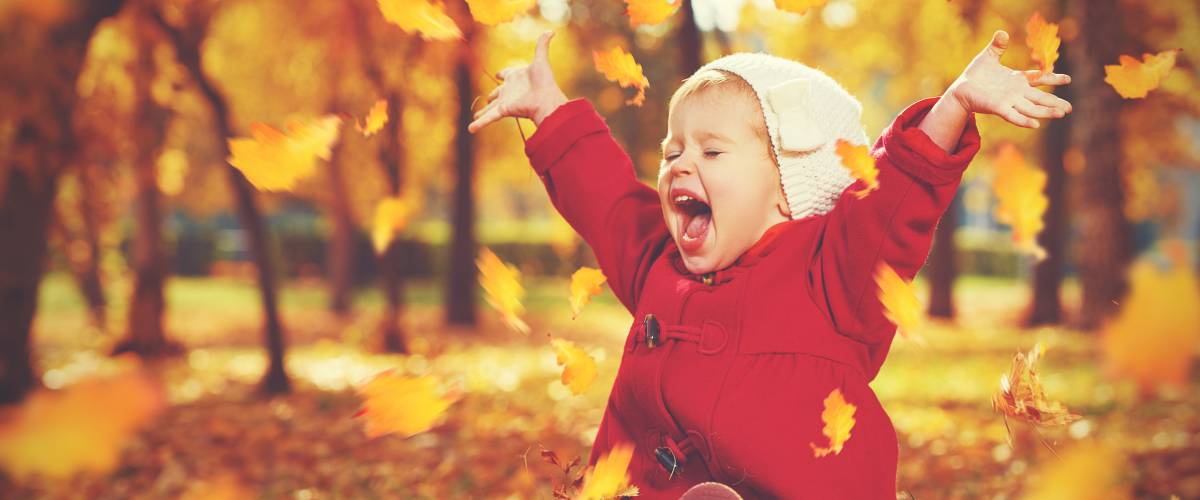 Kind spielt mit Laub im Herbst