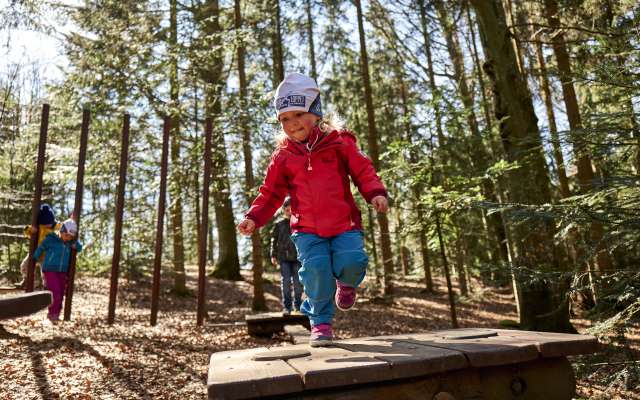 Kinder spielen auf einem Waldspielplatz bei Schönberg