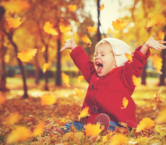 Kind spielt mit Laub im Herbst