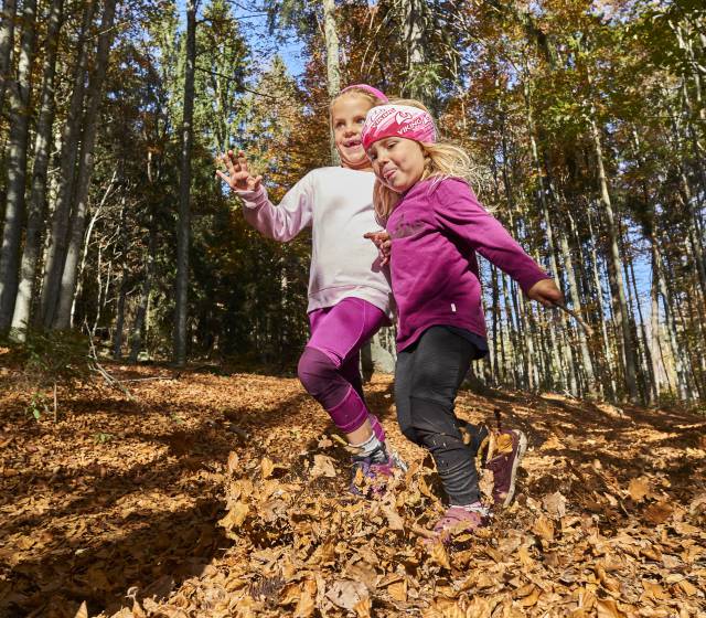 Mädchen tollen im Bayerischen Wald im Herbst