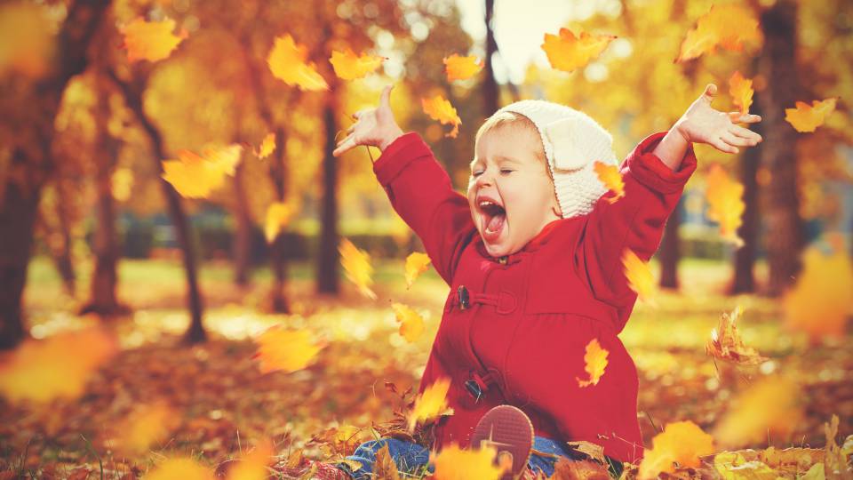 Kind spielt mit Laub im Herbst