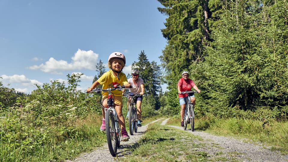 Familie beim Rad fahren durch den bayerischen Wald